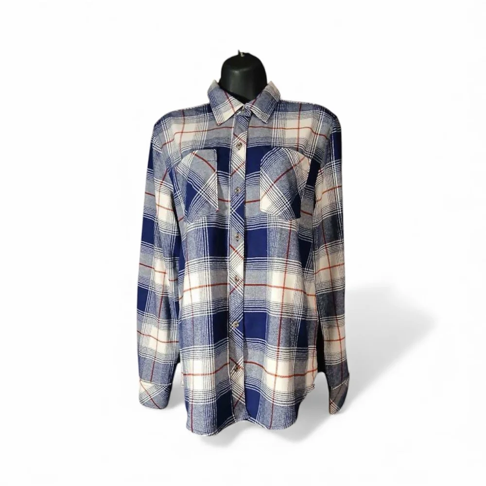 Natural Reflections Women’s flannel button-up shirt blue, white & red plaid – si